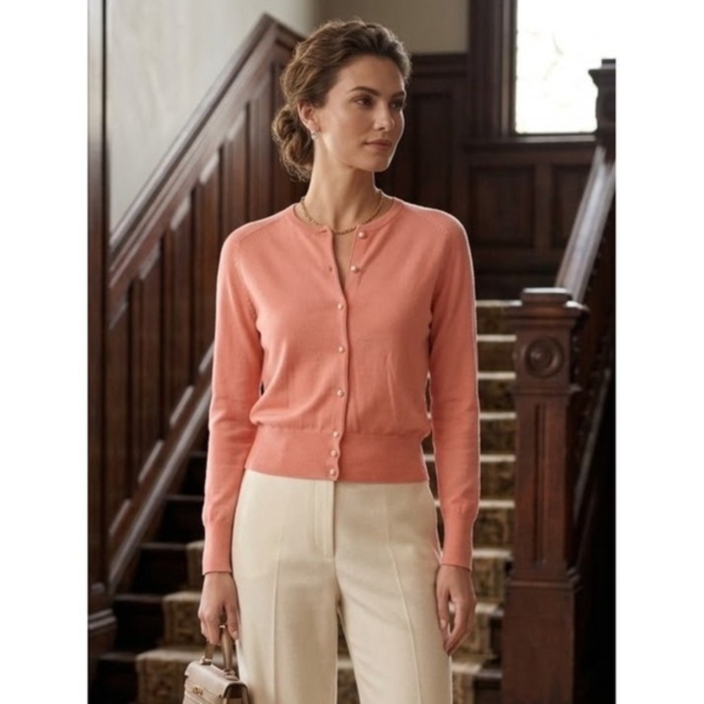 Moda International Coral Pink Pearl Button Silk Blend Cardigan S Preppy Elevated